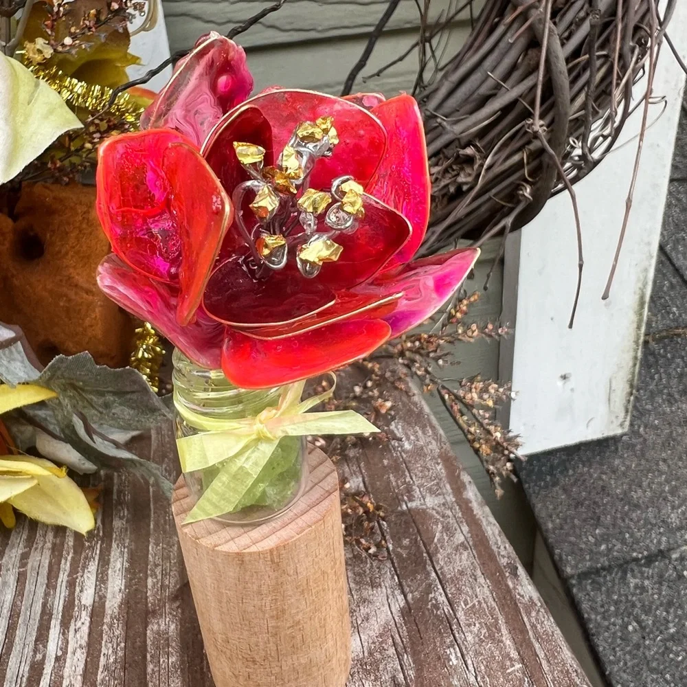 Hand Crafted Red Glass Floral Accent with Gold Detail
